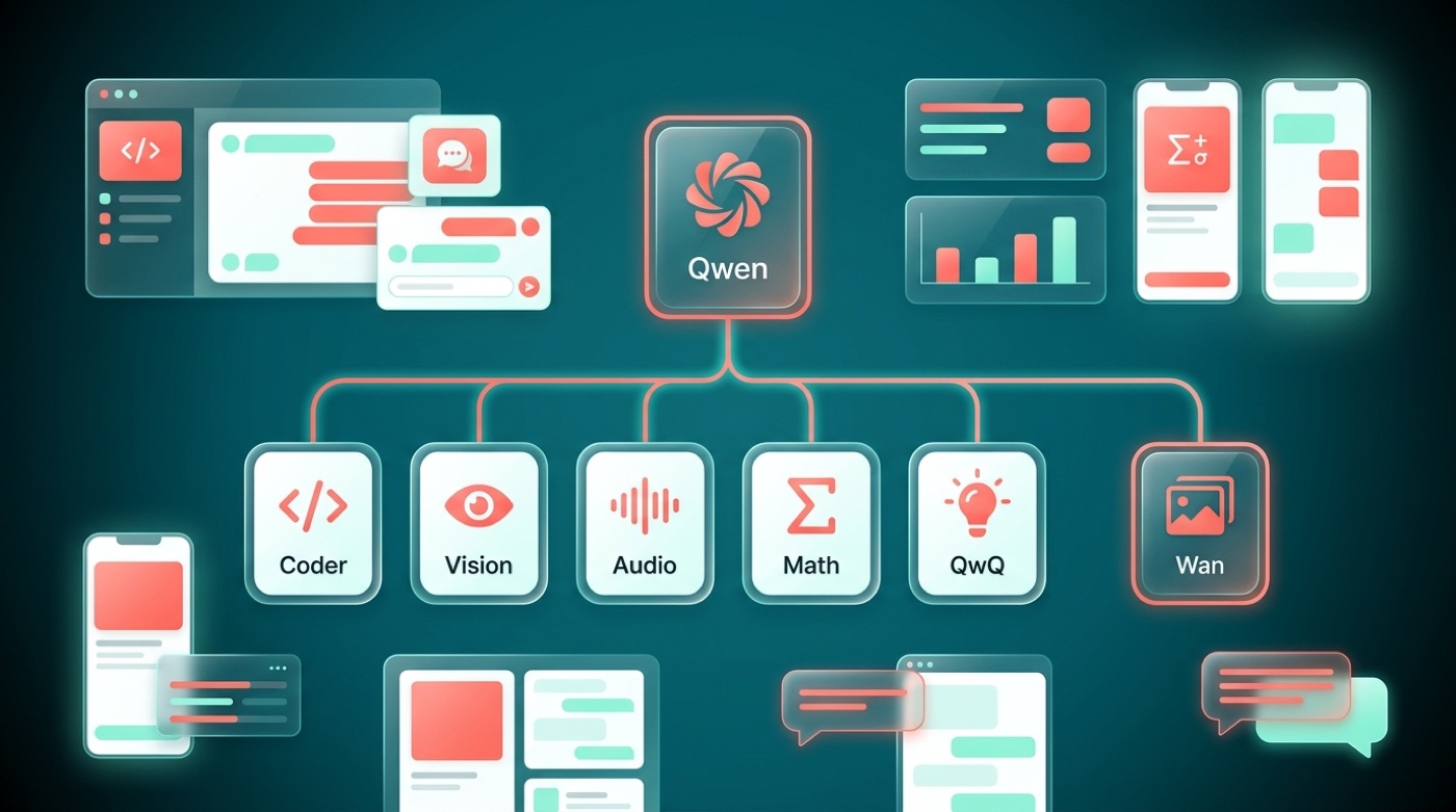 Family-tree diagram of Alibaba's Qwen AI models with a separate Wan line for images and video