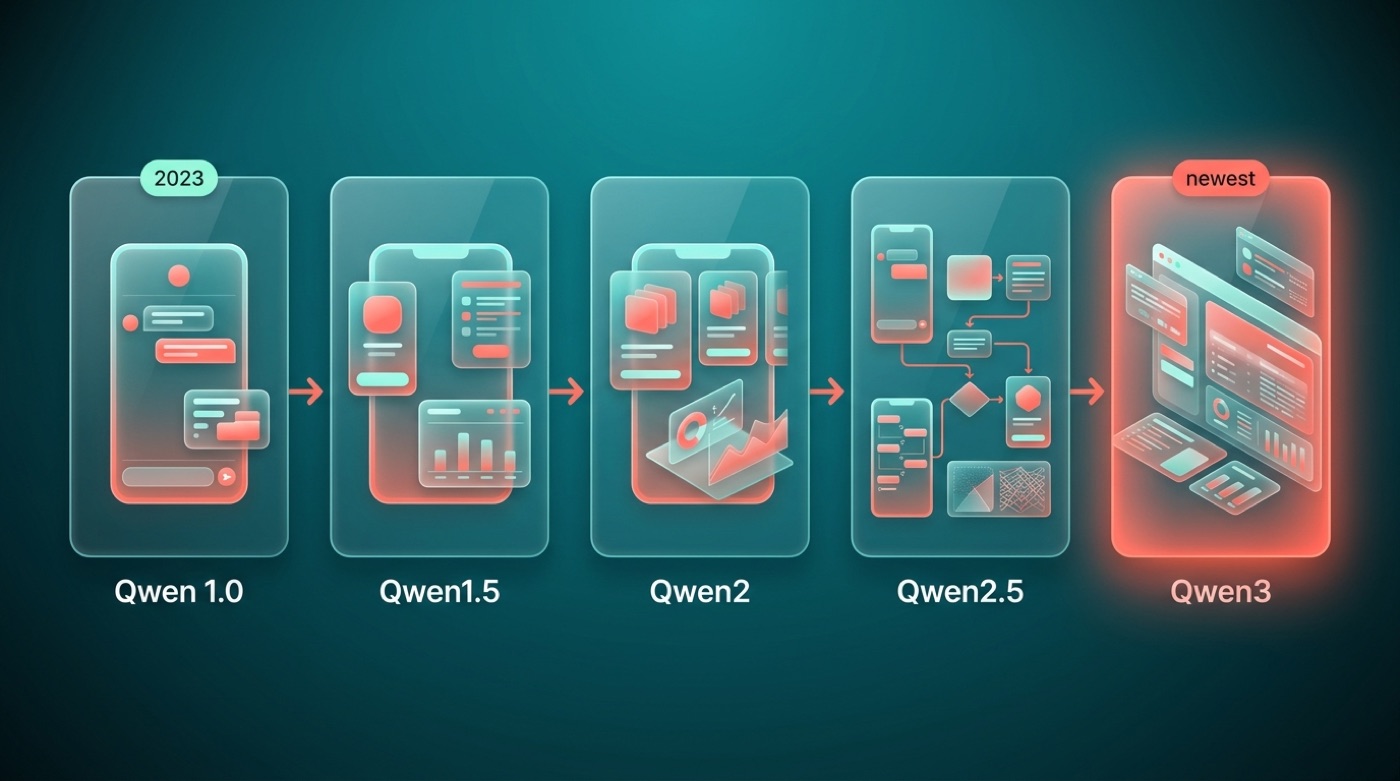 Timeline of confirmed Qwen generations from Qwen 1.0 in 2023 through to Qwen3