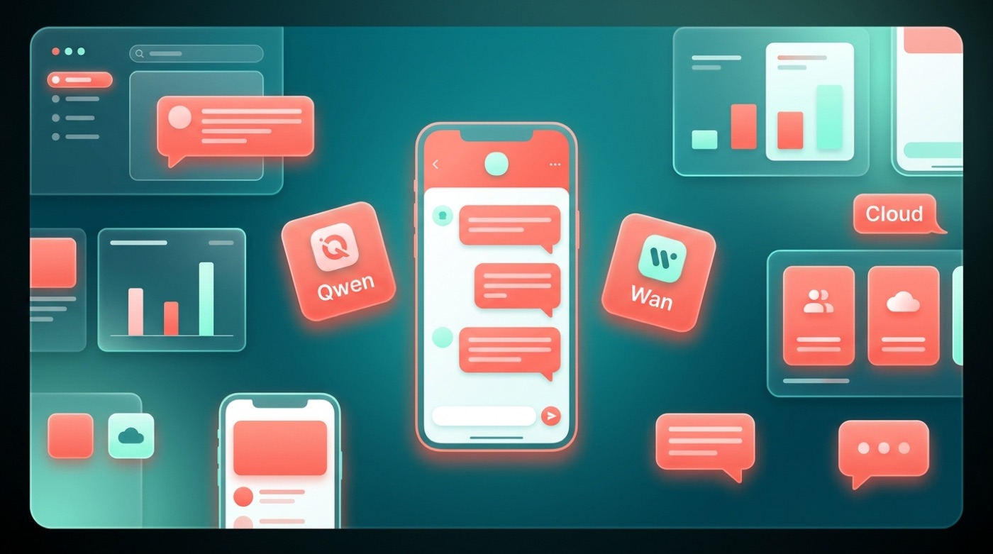Alibaba's AI shown as a Qwen chat app surrounded by floating Qwen, Wan and Cloud model cards