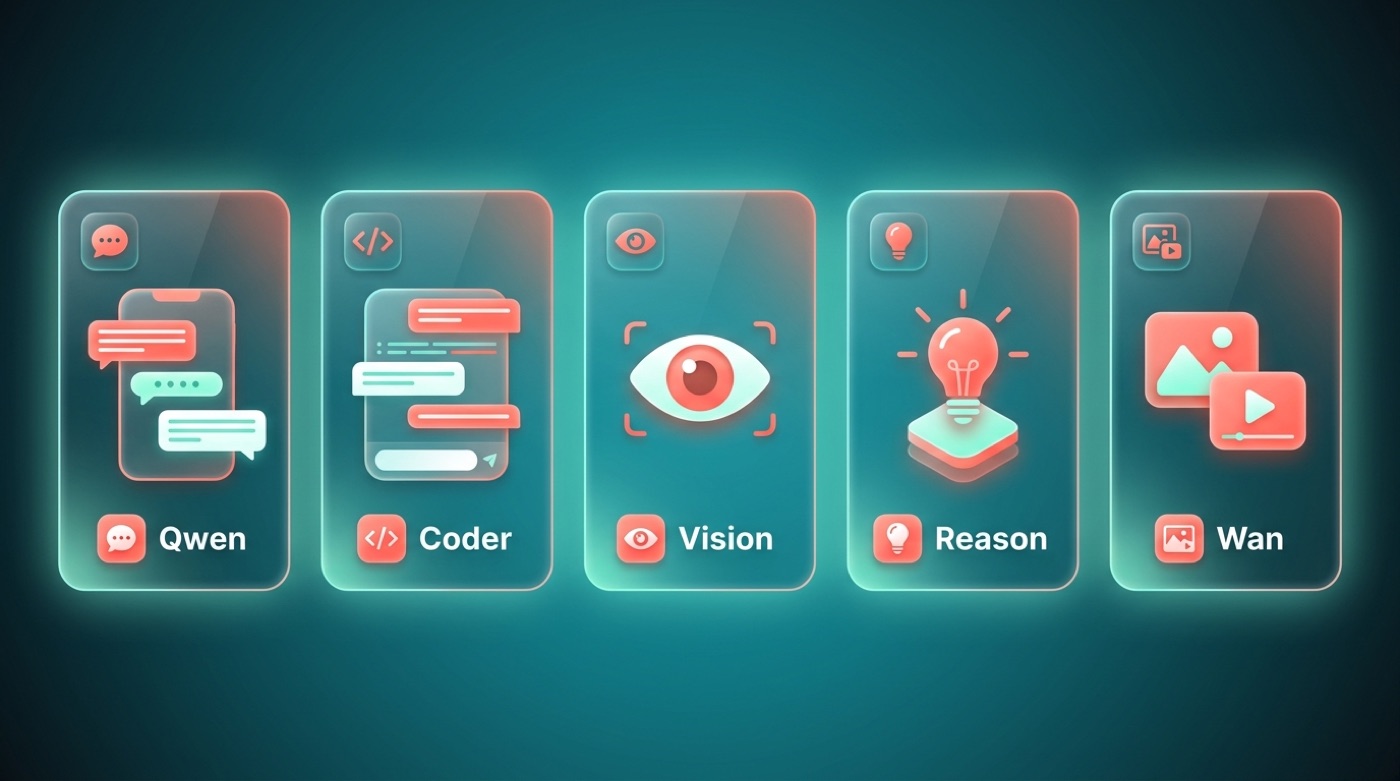Infographic of the Alibaba AI lineup — Qwen, Coder, Vision, Reason and Wan cards in a row