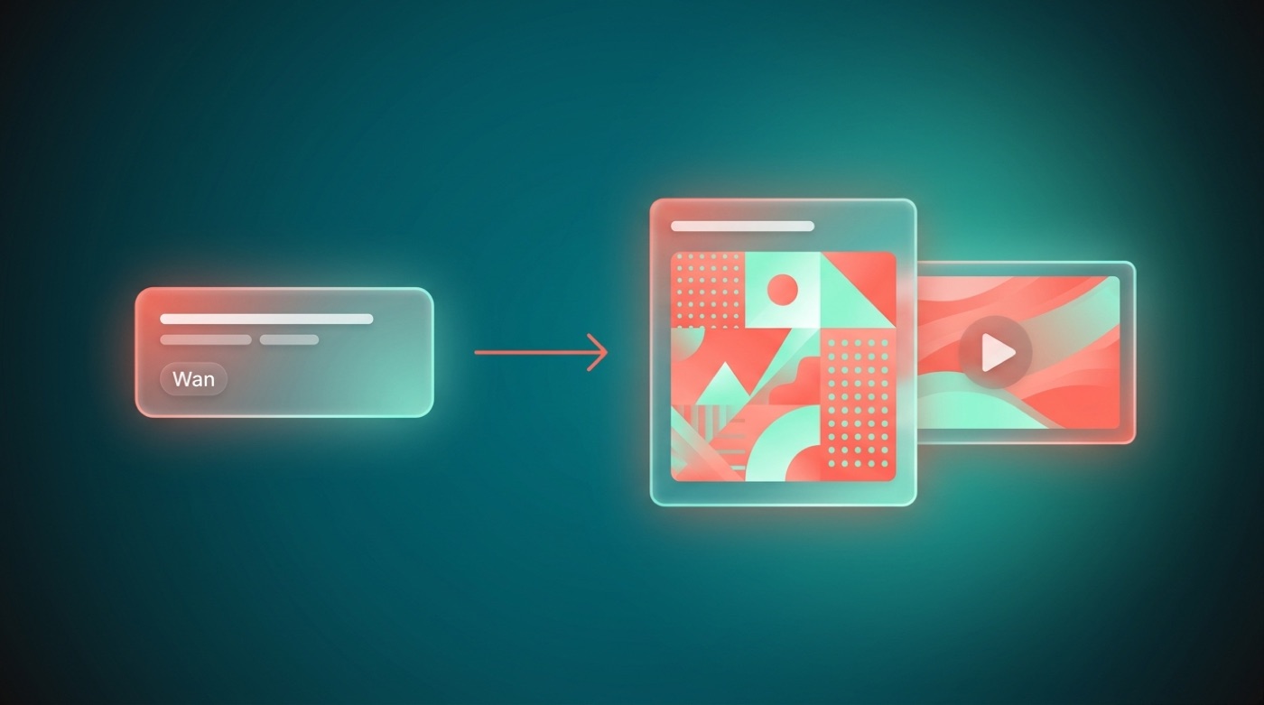 Diagram of a text prompt turning into a generated image and a video frame via Wan