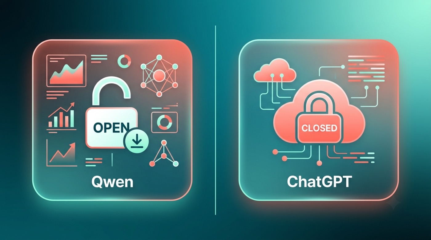 Comparison card: Qwen as open-weight and self-hostable versus ChatGPT as closed and service-only