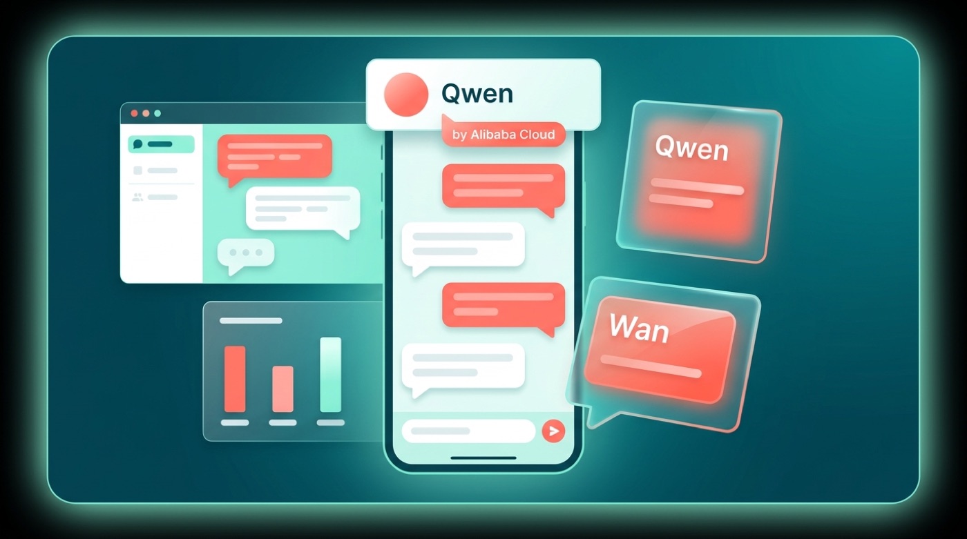 A phone chat app labelled Qwen beside floating Qwen and Wan model cards