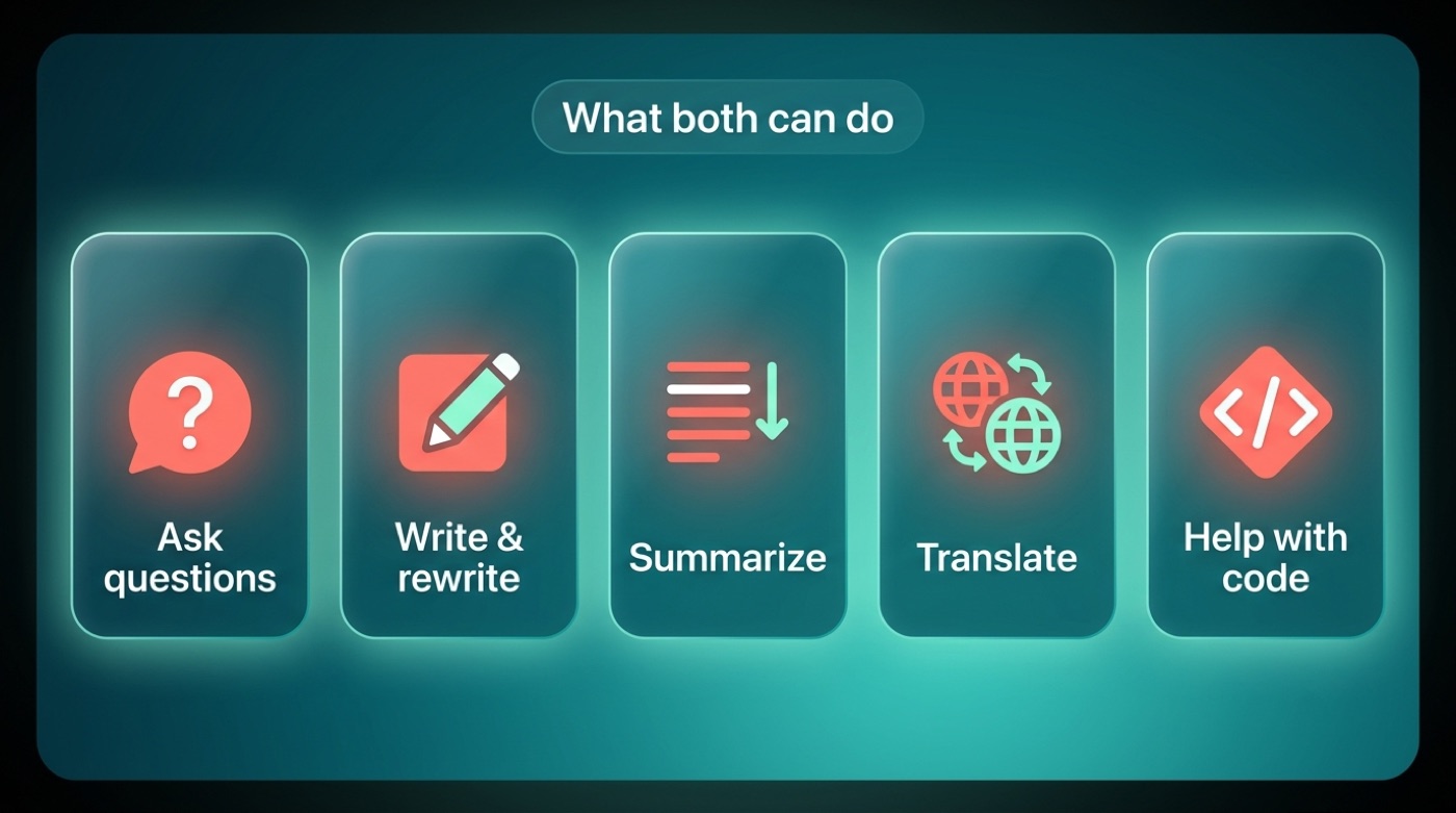 Grid of tasks both Qwen and ChatGPT can do: ask questions, write, summarize, translate, code