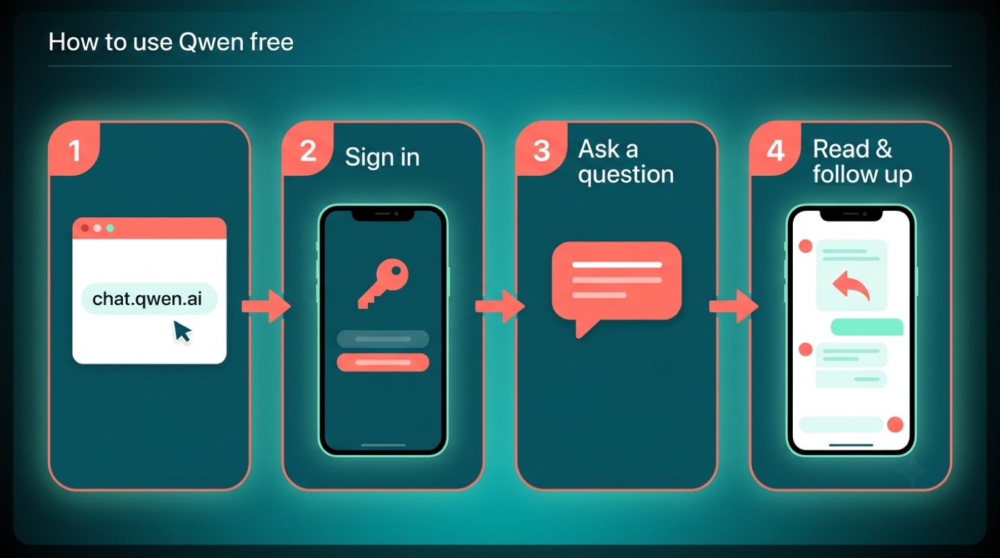 Four steps to use Qwen free: go to chat.qwen.ai, sign in, ask a question, read and follow up