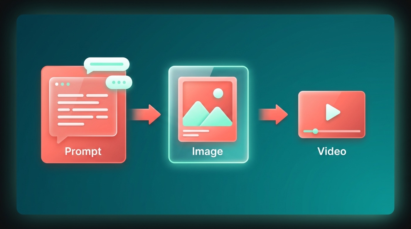 A left-to-right flow showing a text prompt turning into a generated image and then a short video with Alibaba's Wan