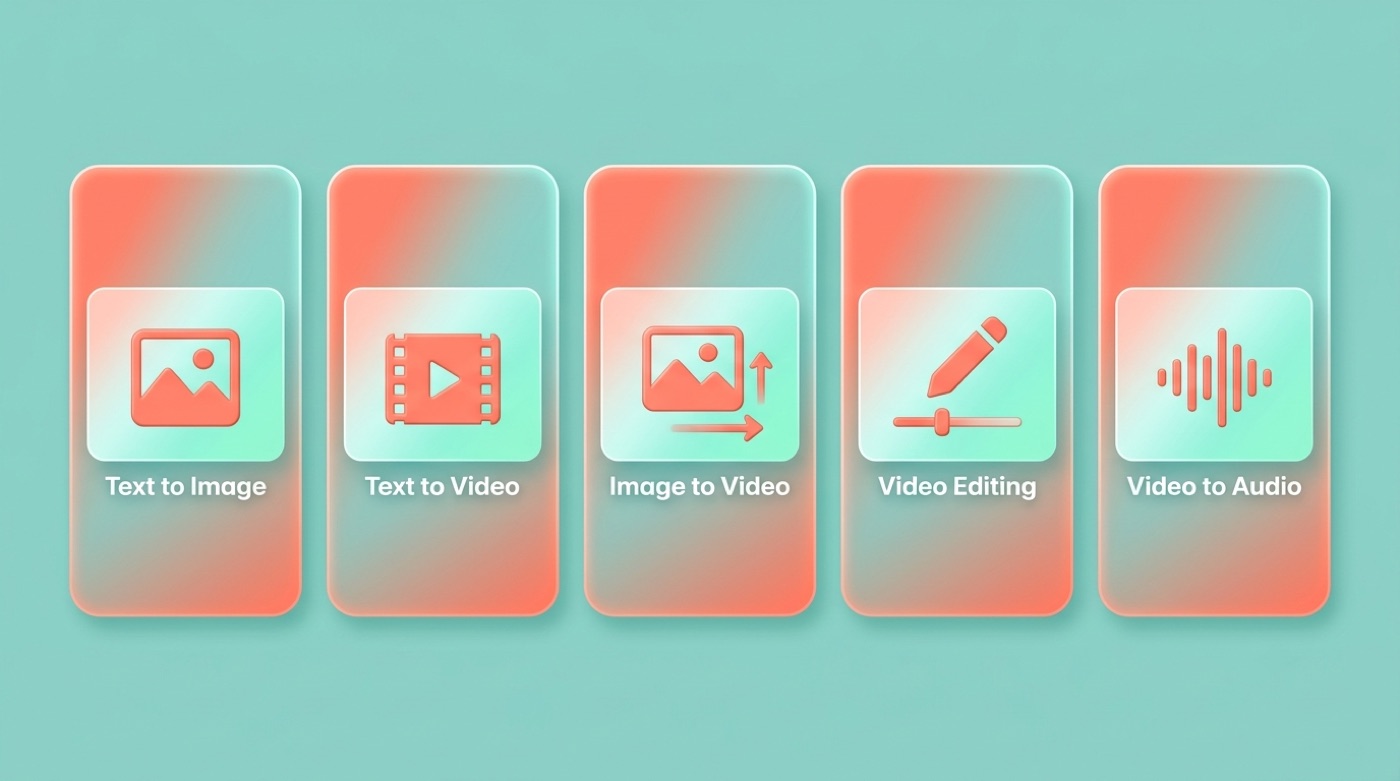 Five capability cards for Alibaba's Wan: text-to-image, text-to-video, image-to-video, video editing, and video-to-audio