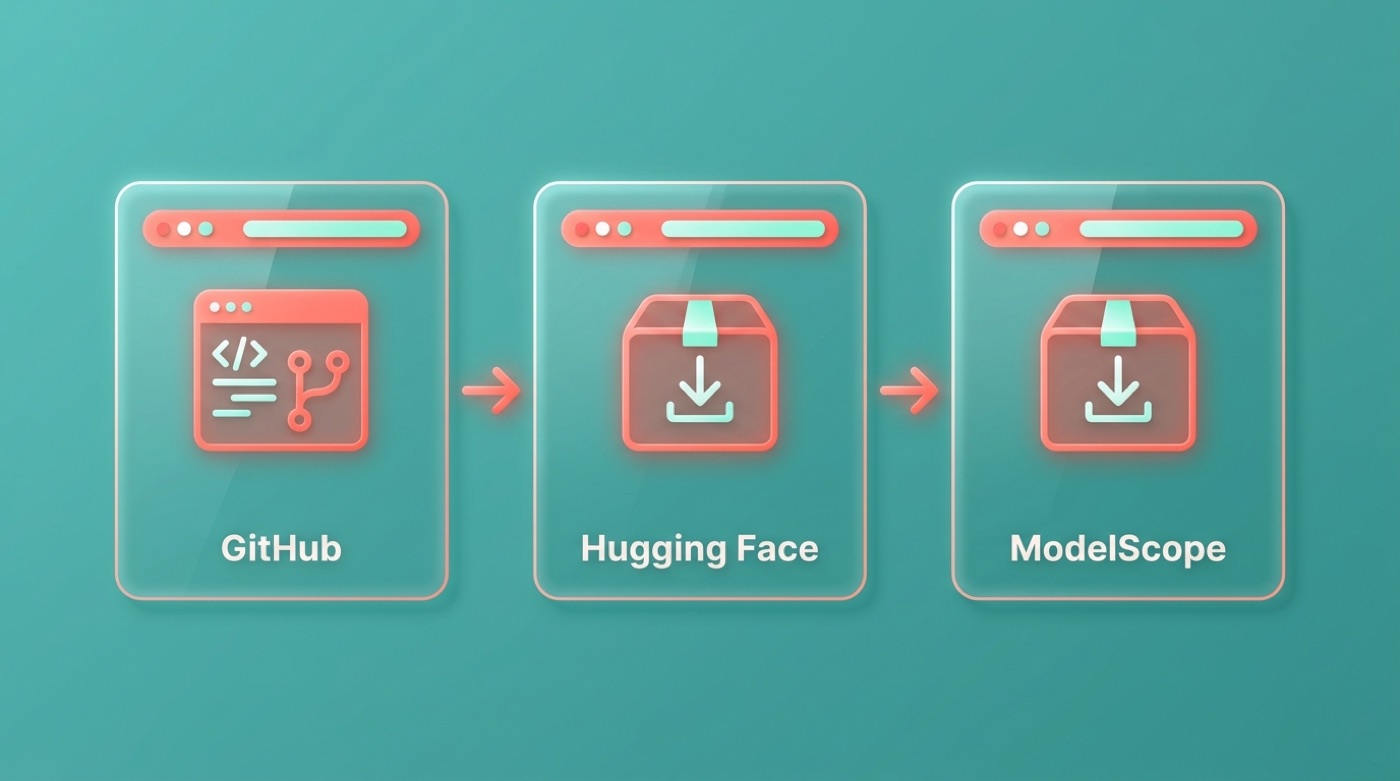Download pipeline showing the open Wan models published on GitHub, Hugging Face and ModelScope