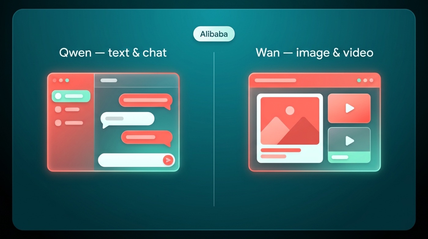 Split comparison of Alibaba's two AI lines: Qwen for text and chat versus Wan for image and video
