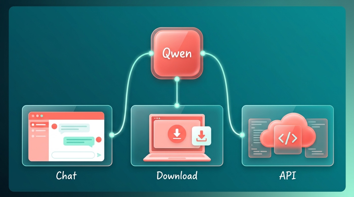 Overview map showing the three ways to use Alibaba's Qwen: Chat, Download, and API