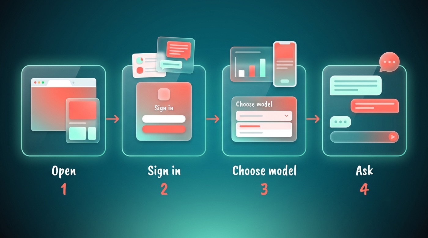 Four-step flow for using the Qwen Chat web app: open, sign in, choose a model, ask