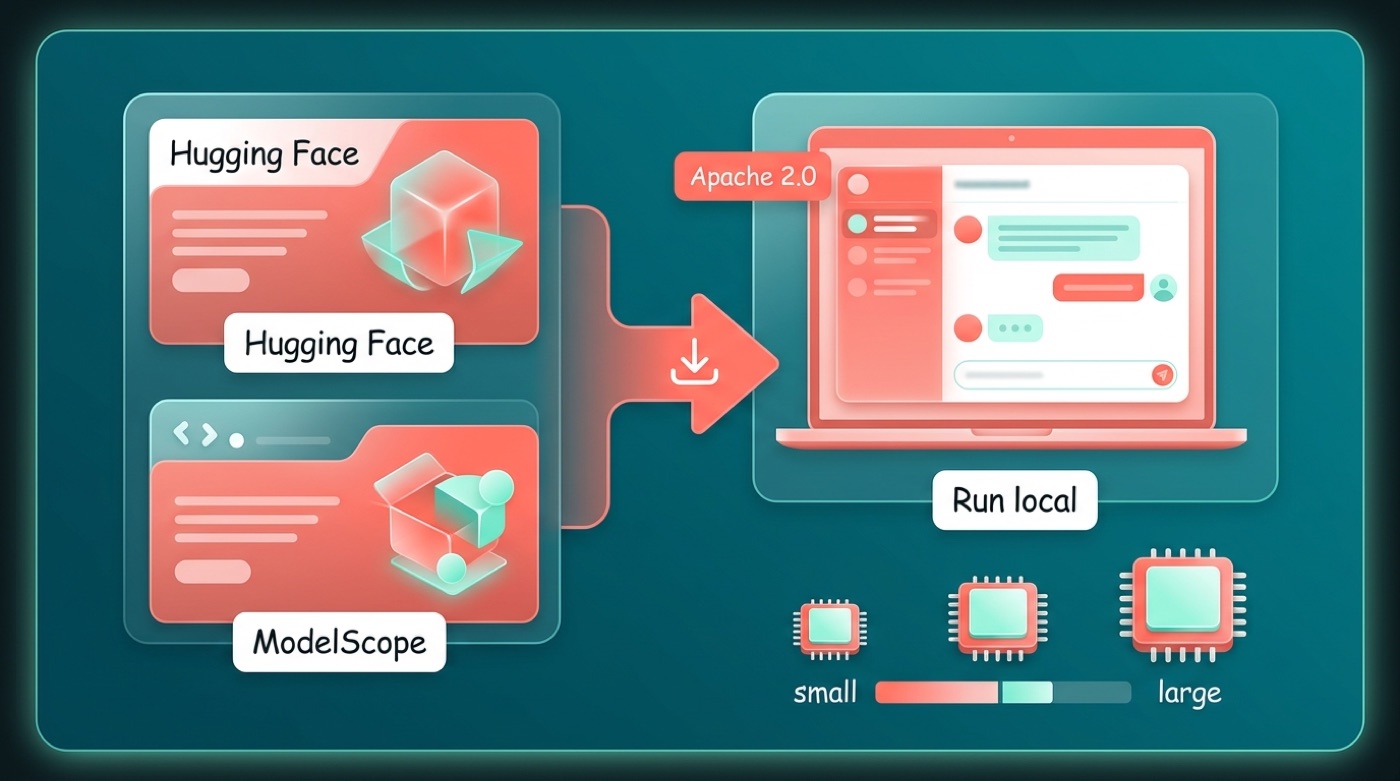 Where Qwen's open-weight models live — Hugging Face and ModelScope — downloaded to run locally under Apache 2.0