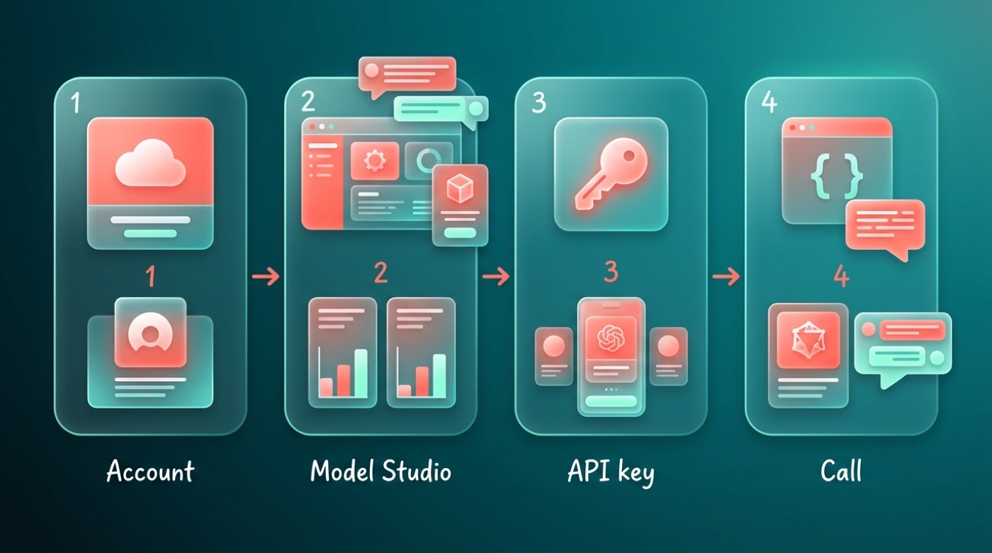 Four-step developer flow for the Qwen API: create an Alibaba Cloud account, open Model Studio, get an API key, call the model