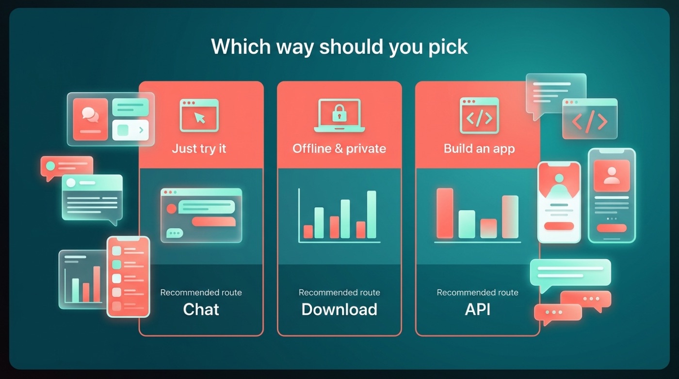 Decision chart: just try it use Chat, offline and private use Download, build an app use the API