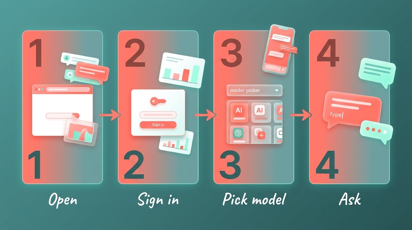 Steps to use the free Qwen Chat web app: open the site, sign in, pick a model, and ask
