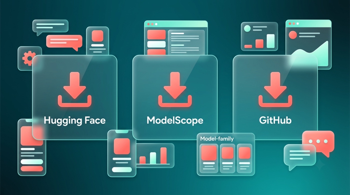 Download Qwen for free from Hugging Face, ModelScope, or GitHub