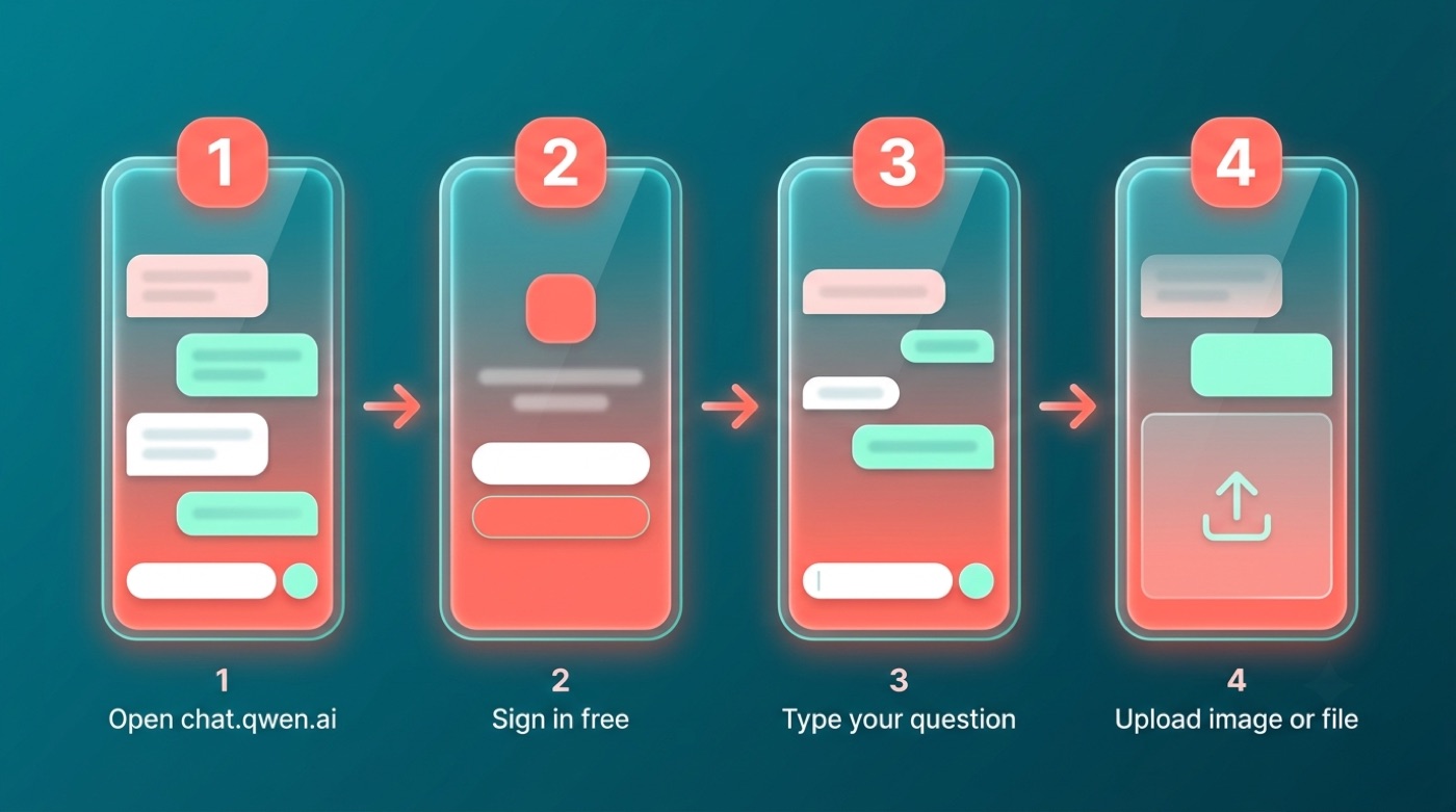 Four-step flow: open chat.qwen.ai, sign in free, type your question, upload an image or file