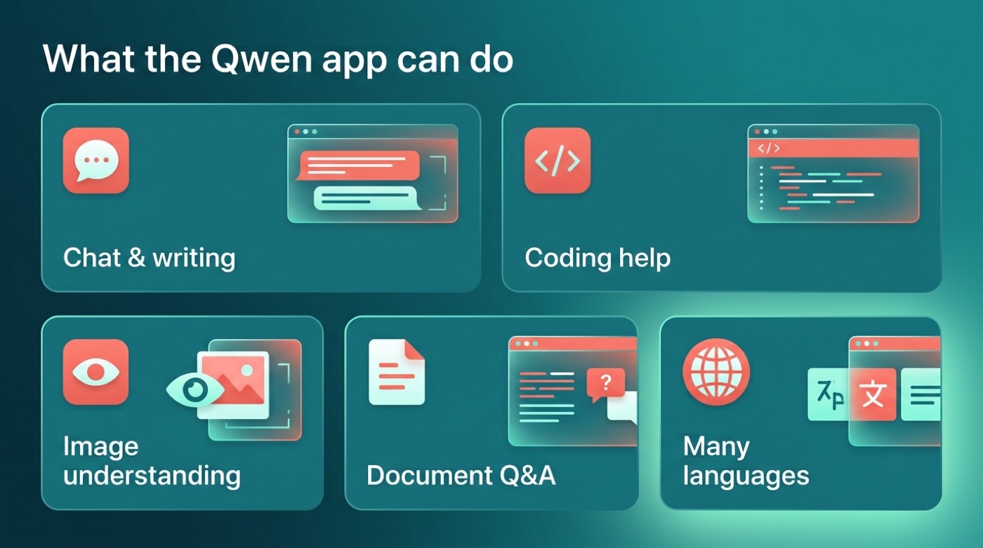 What the Qwen app can do: chat and writing, coding help, image understanding, document Q&A, many languages