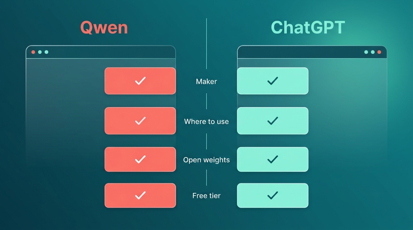 Side-by-side comparison of Qwen and ChatGPT across maker, where to use, open weights and free tier
