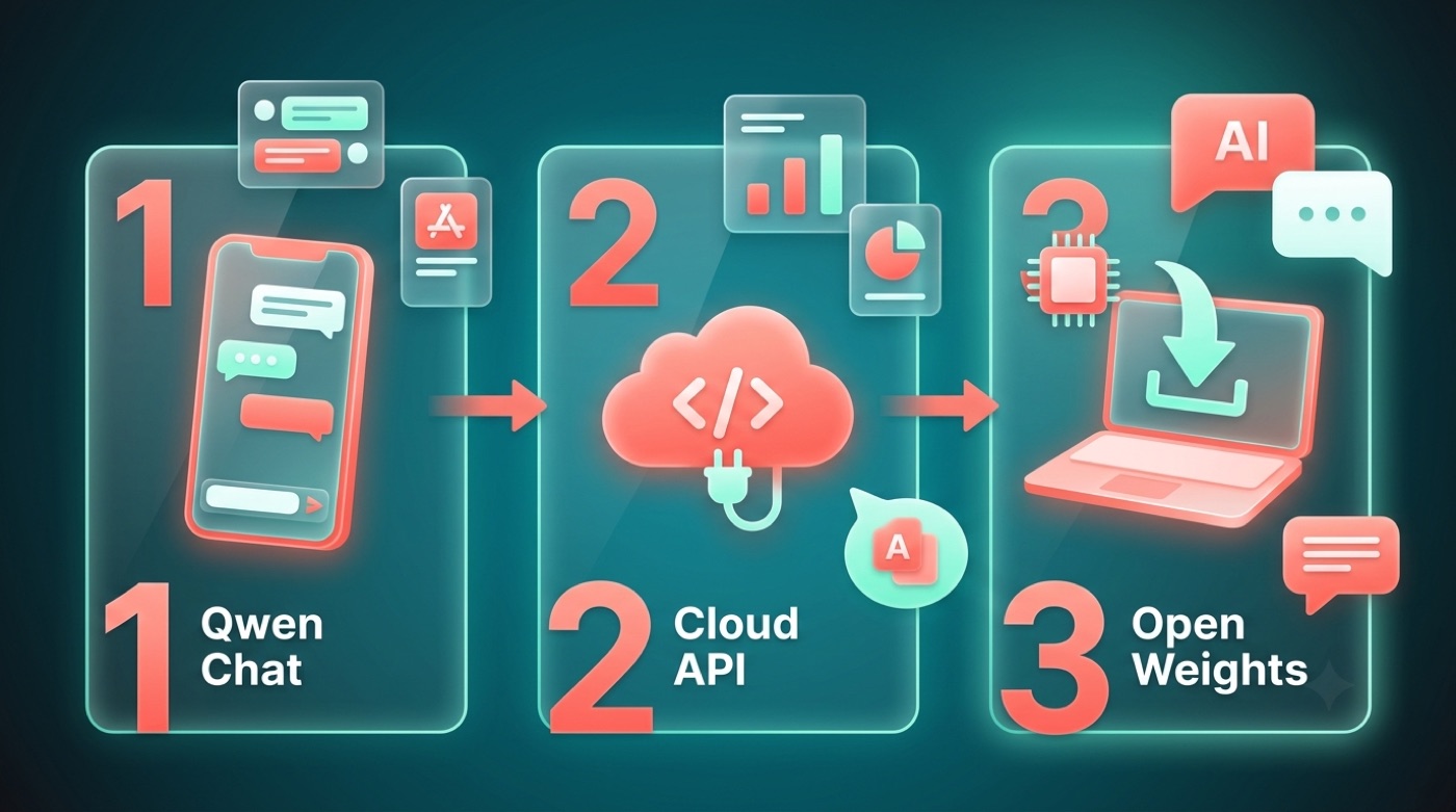 Three-step diagram: Qwen Chat app, Cloud API, and downloadable open weights