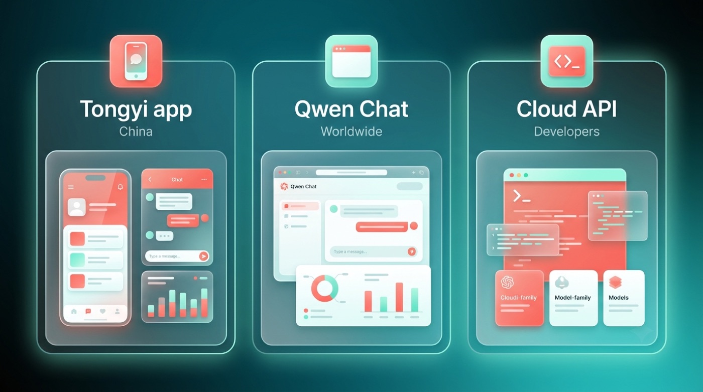 Three cards comparing the Tongyi app (China), Qwen Chat (worldwide), and Cloud API (developers)
