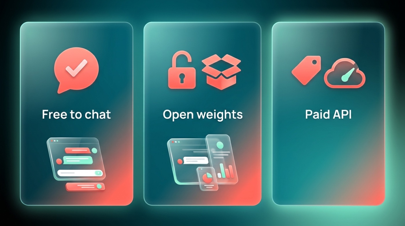 Infographic of three cards: free to chat, open weights, and paid API