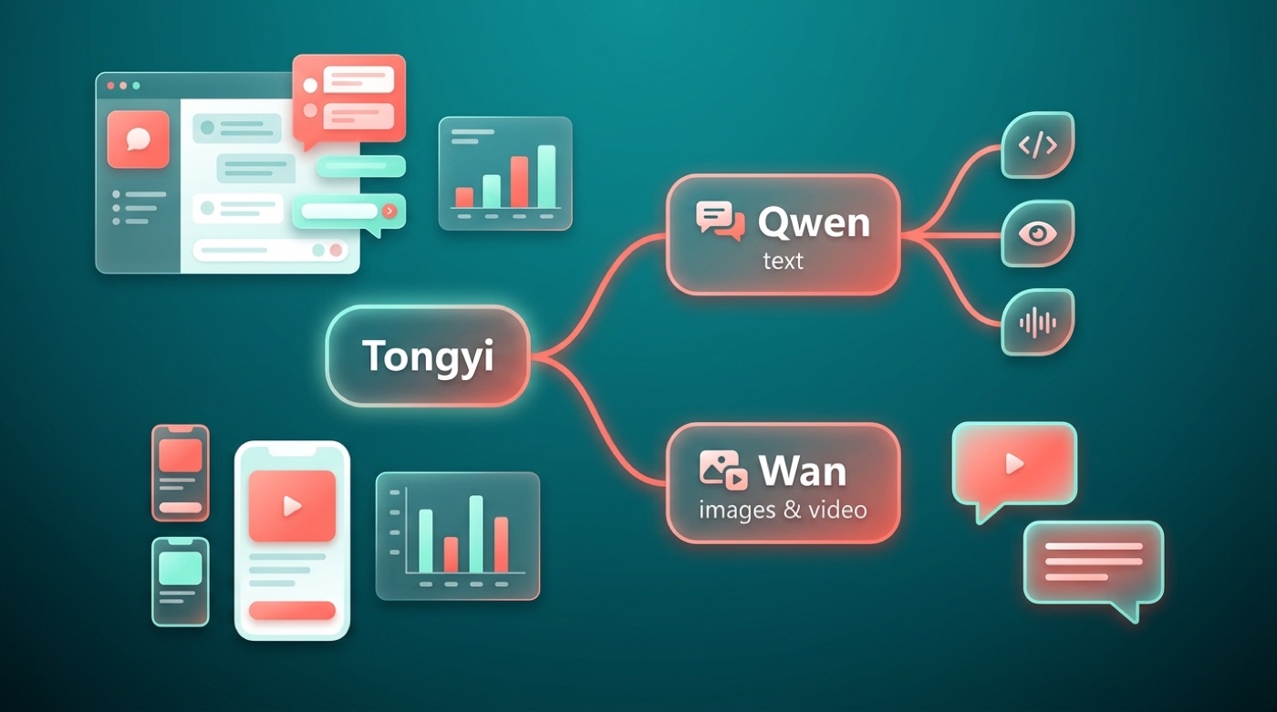Family tree of the Tongyi lineup branching into Qwen for text and Wan for images and video