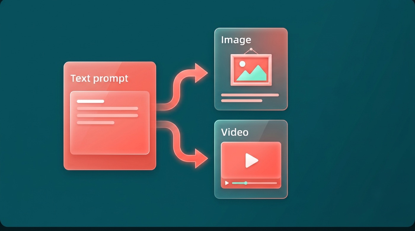 Diagram of a text prompt flowing into an image output and a video output