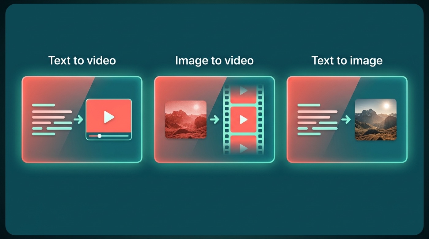 Three panels showing text-to-video, image-to-video and text-to-image
