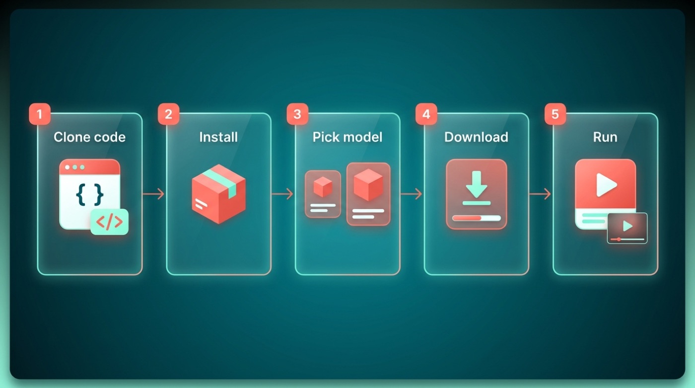 Five-step flow: clone code, install, pick model, download, run