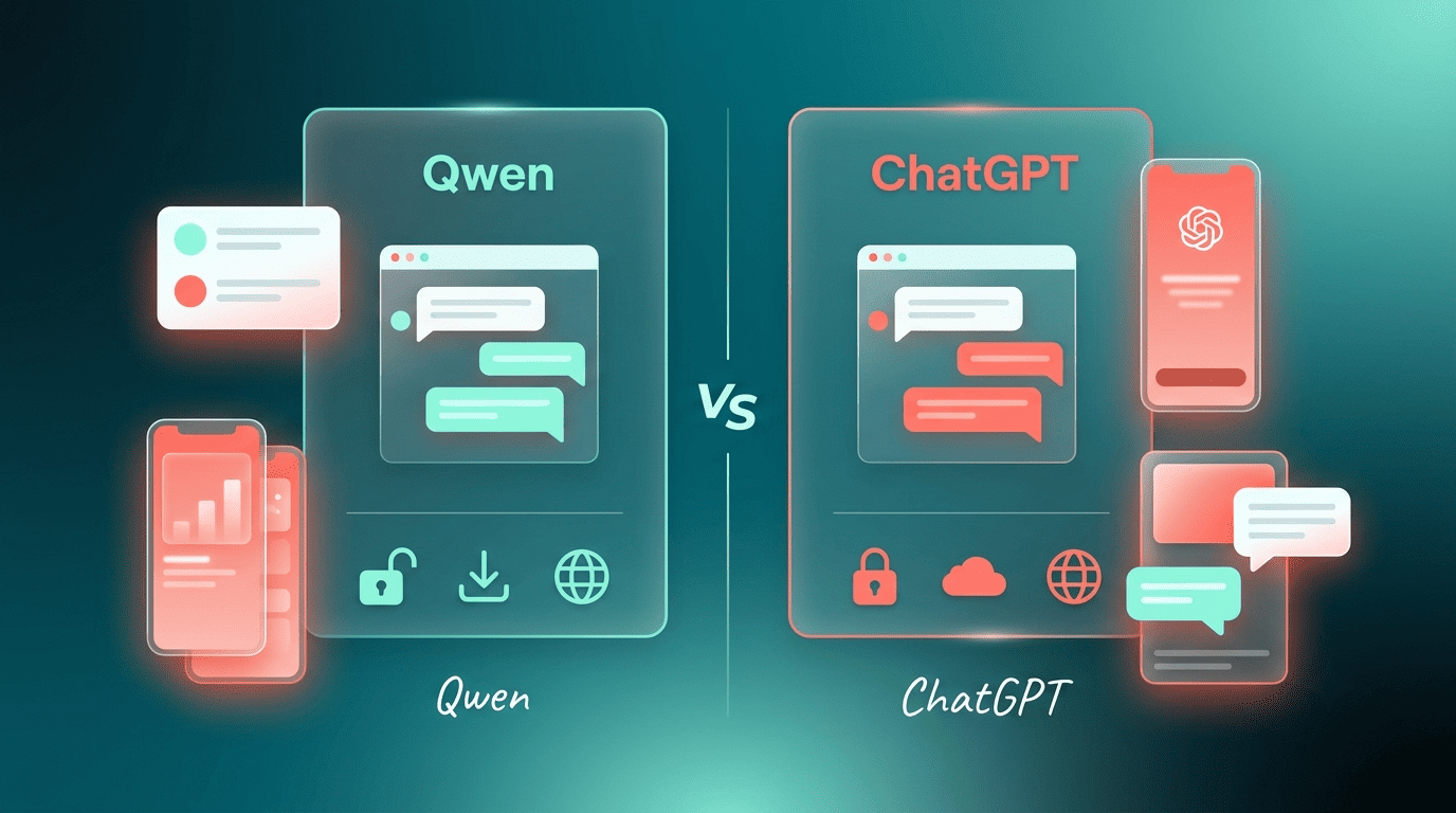 Side-by-side comparison cards for Qwen and ChatGPT with open-lock versus closed-lock icons