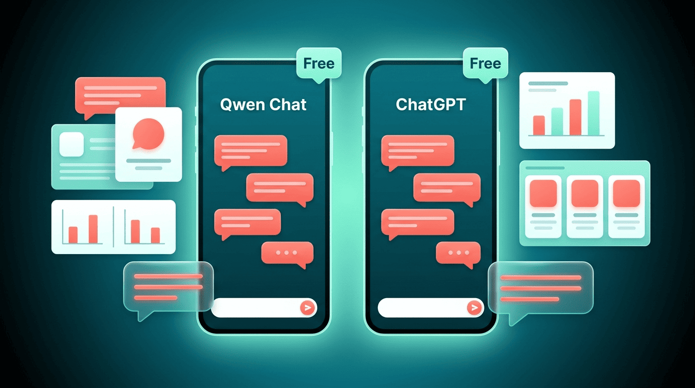 Two phone app screens showing Qwen Chat and ChatGPT, each with a free badge
