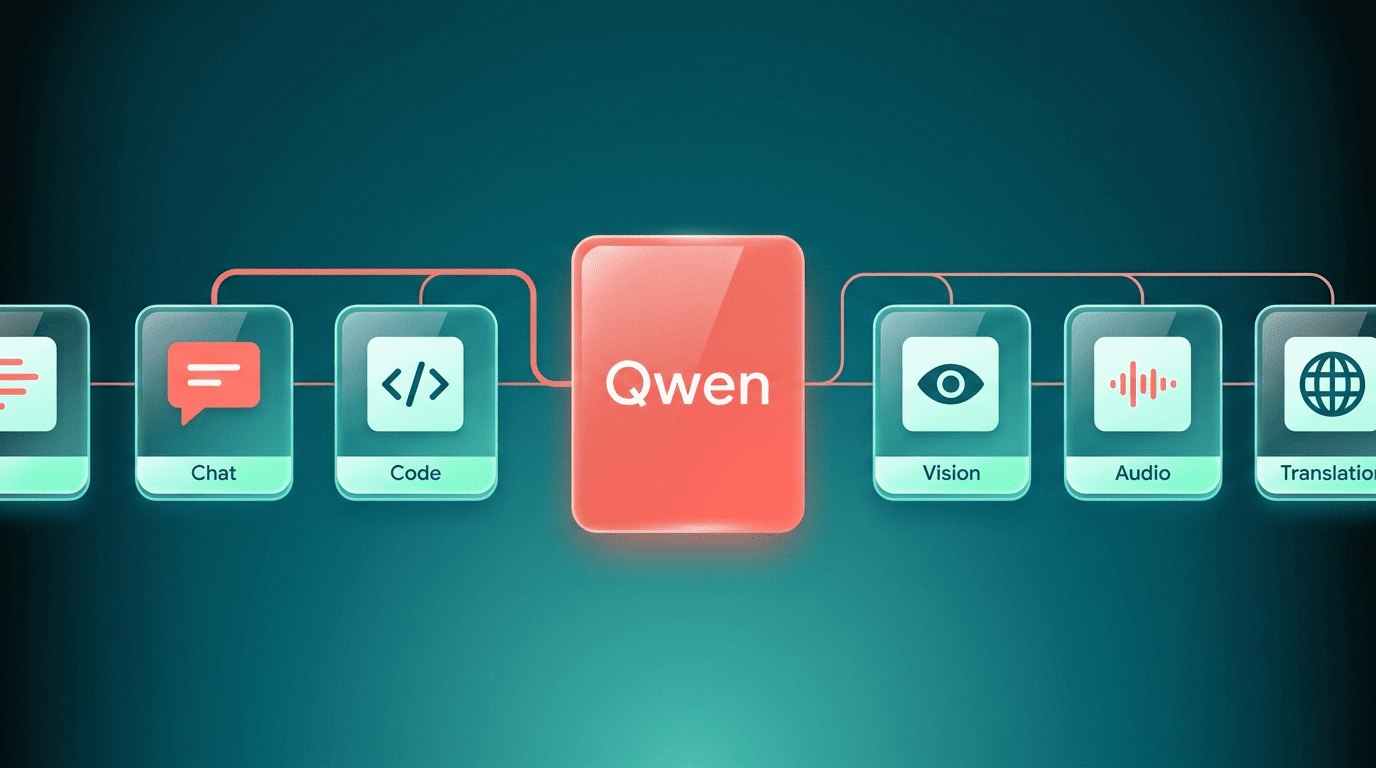 Diagram of the Qwen model family: one Qwen brand branching into chat, code, vision, audio and translation models