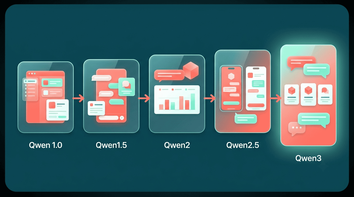 Timeline of Qwen generations from Qwen 1.0 through Qwen1.5, Qwen2 and Qwen2.5 to Qwen3